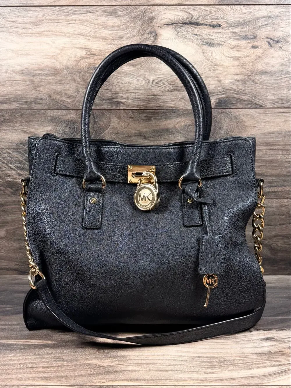 Michael Kors Hamilton Large East West Tote Black Pebbled Leather Gold